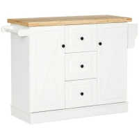 HOMCOM Rolling Kitchen Island with Storage, Kitchen Cart with Wood Top, 3 Drawers and 2 Barn Door Style Cabinet, Adjustable Shelves, Spice Rack, White(m-1)