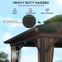 Outsunny 10' x 10' Hardtop Gazebo, Sun Shelter with Double Tier Metal Roof, Mosquito Netting, and Hanging Hook, Dark Brown(m-4)