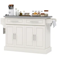 HOMCOM Rolling Kitchen Island with Stainless Steel Top, 2 Drawers, Spice, Knife and Towel Rack and Cabinets, Cream White(m-1)