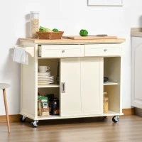 HOMCOM Rolling Kitchen Island, Kitchen Cart on Wheels with Rubberwood Top, 2 Drawers, Towel Rack, Cream White(m-10)