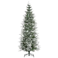 HOMCOM 7.5 Feet Pencil Snow Flocked Artificial Christmas Tree with 880 Realistic Cypress Branches, Auto Open, Green(m-2)