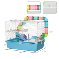 PawHut 3-Tier Large Hamster Cage with Tubes and Tunnels, Portable Carry Handles, Toy-Filled Steel Small Animal House, Includes Exercise Wheel, Water Bottle, Food Dish, 23" x 14" x 18.5", Light Blue(m-3)