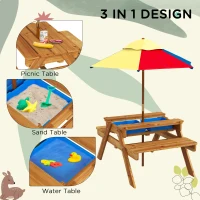 Outsunny Sensory Table 3 in 1 Toddler Water and Sand Table w/ Foldable Umbrella 2 Play Boxes Removable Top, 3-6 Years Old, Teak(m-4)