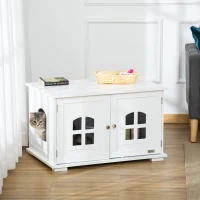 PawHut Cat Litter Box Enclosure Hidden Cat Furniture Cabinet Indoor Cat Washroom Double-door Nightstand End Table with Cat Hole Window White(m-1)