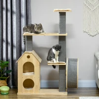 PawHut Cat Tree for Indoor Cats with Scratching Posts, Double-Layer House, 32" x 16" x 53", Natural(m-9)