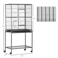 PawHut 30" Rolling Metal Bird Cage Feeder with Detachable Rolling Stand, Storage Shelf, Wood Perch & Food Container(m-3)