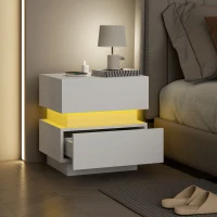 HOMCOM Bedside Table with Charging Station and LED Light Modern Nightstand with USB Ports AC Outlets Drawers Remote, White(m-8)