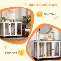 PawHut Dog Crate, Dog Cage End Table with Wheels & Big Tabletop, Indoor Dog Crate Furniture with Lockable Door, White(m-5)