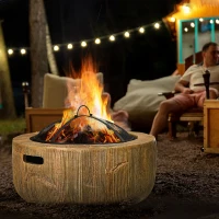 Outsunny Outdoor Fire Pit, 24 Inch Metal Wood Burning Fireplace with Spark Cover, Poker, Woodgrain Design for Patio, Picnic, Backyard, Light Brown(m-2)