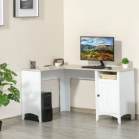 HOMCOM L-Shaped Computer Desk with Open Shelf and Storage Cabinet, Corner Writing Desk with Adjustable Shelf, White(m-10)