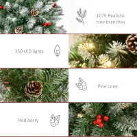 HOMCOM 7.5ft Pre-Lit Snow-Dipped Artificial Christmas Tree with Realistic Branches, 350 LED Lights, Pine Cones, Red Berries and 1075 Tips(m-6)