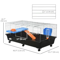 PawHut 47" Small Animal Cage, Rolling Guinea Pig Cage with Food Dish, Water Bottle, Hay Feeder, Platform, Ramp, Black(m-3)