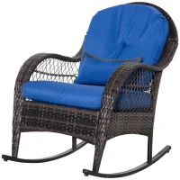 Outsunny Outdoor Rocking Chair with Seat and Back Cushion, Outdoor PE Rattan Garden Chair with Curved Armrests, for Porch, Backyard, Poolside, Blue(m-11)