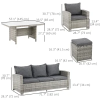 Outsunny 6 Pcs Patio Furniture Set, Rattan Outdoor Furniture Set with 3 Seater Sofa, Armchairs, Footstools and Table, Dark Grey(m-3)