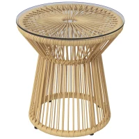 Outsunny Round End Table, Rattan Side Table, Hollow Drum Design Coffee Table w/ Glass Tabletop for Patio, Garden, Balcony, Beige(m-11)
