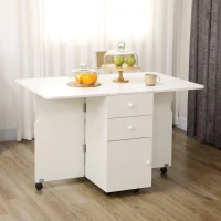 HOMCOM Extendable Dining Table, Drop Leaf Table with 2 Drawers, Cabinet and 6 Wheels for Small Spaces, Kitchen, White(m-9)