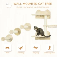PawHut 4Pcs Cat Wall Shelf with Scratching Posts, Hammock, Steps, Platforms, Cat Shelves for Relaxing, Sleeping, Jumping, Cat Wall Climber for Indoor Cats, Beige(m-4)