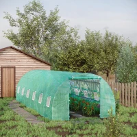 Outsunny 26' x 10' x 6.6' Walk-in Tunnel Hoop Greenhouse, PE Cover, Steel Frame, Roll-Up Zipper Door & 12 Mesh Windows for Flowers, Vegetables, Tropical Plants, Light Green(m-10)