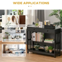 HOMCOM Console Hallway Table with Extra Wide Pull Out Drawer, 2 Open Shelves and Slatted Wood Frame Design, Black(m-6)
