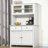 HOMCOM 63.5" Kitchen Buffet with Hutch, Pantry Storage Cabinet with 4 Shelves, Drawers, Framed Glass Doors, Open Microwave Countertop, Antique White(m-9)