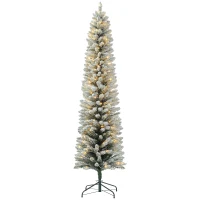 HOMCOM 7ft Artificial Prelit Christmas Tree with Warm White LED Light, Snow Flocked Branches, Metal Base, Pencil Xmas Tree(m-2)