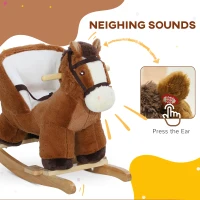 Qaba Baby Rocking Horse, Kids Ride-on with Sound, Wooden Base & Safety Belt for Ages 18-36 Months, Brown(m-4)