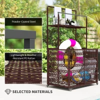 Outsunny Wicker Pool Float Storage Organizer, PE Rattan Pool Float Holder with Basket Shelf Towel Bars, Rolling Pool Caddy for Floaties, Noodles, Life Vests, Beach Balls, Mixed-Brown(m-7)