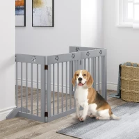 PawHut Freestanding Pet Gate 4 Panel Wooden Dog Barrier Folding Safety Fence with Support Feet for Doorway Stairs Light Grey(m-1)