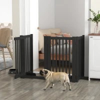 PawHut 4 Panel Free Standing Wooden Pet Gate with Open Door Black(m-1)