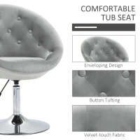 HOMCOM Modern Makeup Vanity Chair Round Tufted Swivel Accent Chair with Chrome Frame Height Adjustable for Living Room, Bedroom Gray(m-7)