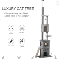 PawHut 89"-100" Floor to Ceiling Cat Tree 6-Tier Cat Climbing Tower Adjustable High with Scratching Post Board, Ramp, Cat Condo, Perch, Toy Ball, for Indoor Cat, Light Grey(m-4)