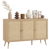 HOMCOM Kitchen Sideboard Cabinet, Boho Storage Cabinet with Shelves, Wood Legs, Decorative Rattan Doors, Natural(m-11)