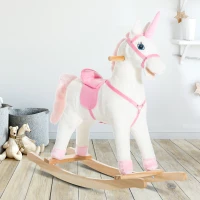 Qaba Kids Plush Toy Rocking Horse Unicorn with Realistic Sounds, White & Pink(m-1)