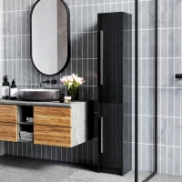 HOMCOM Freestanding Tall Bathroom Storage Cabinet with Adjustable Shelves, Bathroom Organizer, Black Wood Grain(m-1)