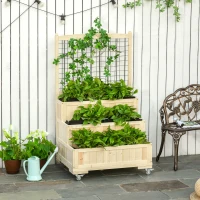 Outsunny 3-Tiers Raised Garden Bed with Trellis, 53" H Vertical Planter Box with Wheels & Back Storage Area, for Flowers, Vegetables, Herbs, Natural(m-10)