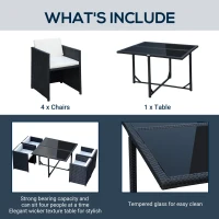 Outsunny 5 Pieces Wicker Patio Dining Set Outdoor Furniture Set with Removable Cushions, Glass Top Dining Table, PE Rattan Conversation Set for Garden Poolside Backyard, Cream(m-5)