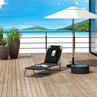 Outsunny Adjustable Outdoor Lounge Chair, Garden Folding Chaise Lounge with Face Hole Reclining Tanning Chair Seat, Folding Camping Beach Lounging Bed w/ Support Pillow, Black(m-9)