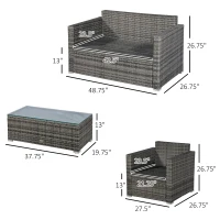 Outsunny 4 Piece Wicker Patio Furniture Set with Cushions, Outdoor Sectional Furniture with 2 Sofa, Loveseat, and Glass Top Coffee Table, Conversation Sofa Sets for Garden, Black(m-3)