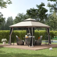 Outsunny 10'x10' Soft-top Patio Gazebo with Double Tier Roof, Mesh Curtains, Display Shelves, Top Hooks, Beige(m-8)