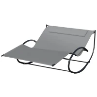 Outsunny Double Chaise Lounger Garden Rocker Sun Bed Outdoor Hammock Chair Texteline with Pillow Grey(m-2)