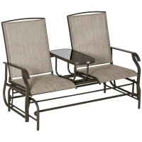 Outsunny Outdoor Glider Bench with Center Table, Metal Frame Patio Loveseat with Breathable Mesh Fabric and Armrests for Backyard Garden Porch, Brown(m-1)