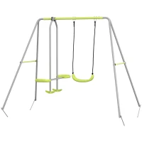 Outsunny Swing Set for Kids, Heavy Duty A-Frame Metal Swing Frame with Glider, Swing Seat, Ground Stakes for Backyard, Green(m-2)