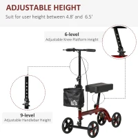HOMCOM Knee Walker, Foldable Steerable Medical Knee Scooter, Crutch Alternative with Drum Braking System, Storage Bag for Foot Injuries, Red(m-4)