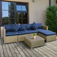 Outsunny 6 Pieces Outdoor PE Rattan Wicker Patio Furniture Sofa Set with Thick Cushions, Deluxe Garden Sectional Couch with Glass Top Table, Yellow and Navy Blue(m-1)