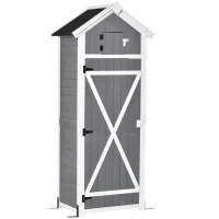 Outsunny 30.75''x 20.75''x71.75'' Garden Wood Storage Shed with Workstation, Hooks and Ground Nails Multifunction Lockable Sheds & Outdoor Storage Asphalt Roof Tool Organizer, Grey(m-2)
