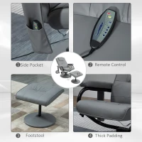 HOMCOM Massaging Faux Leather Recliner Chair and Ottoman Set, Swivel Vibration and Heat Massage Lounge Chair with Six Massage Points and Remote Control for Living Room, Bedroom, or Office, Gray(m-6)