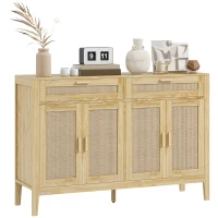 HOMCOM Kitchen Sideboard Cabinet, Boho Entryway Cabinet with Decorative Rattan Doors and Drawers for Dining Room, Oak(m-11)