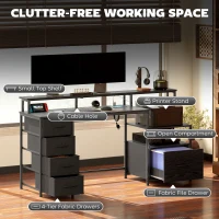 HOMCOM Computer Desk with Power Outlets and LED Lights, 67" Computer Table with File Cabinet and Fabric Drawers, Black(m-4)