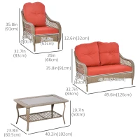 Outsunny 4-Piece Garden Furniture Garden Lawn Pool Backyard Outdoor Sofa Wicker Conversation Set w/ Weather Resistant Cushions and Tempered Glass Tabletop Khaki & Red(m-3)