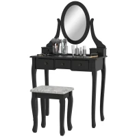HOMCOM Vanity Table with Stool, Makeup Vanity with 360° Rotating Oval Mirror, 5 Drawers and Padded Seat, Dressing Table for Bedroom, Black(m-11)